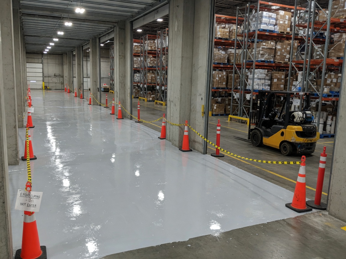 Freshly coated glossy gray epoxy floor curing in a taped-off warehouse bay beside an operating bay with pallet racking and a forklift