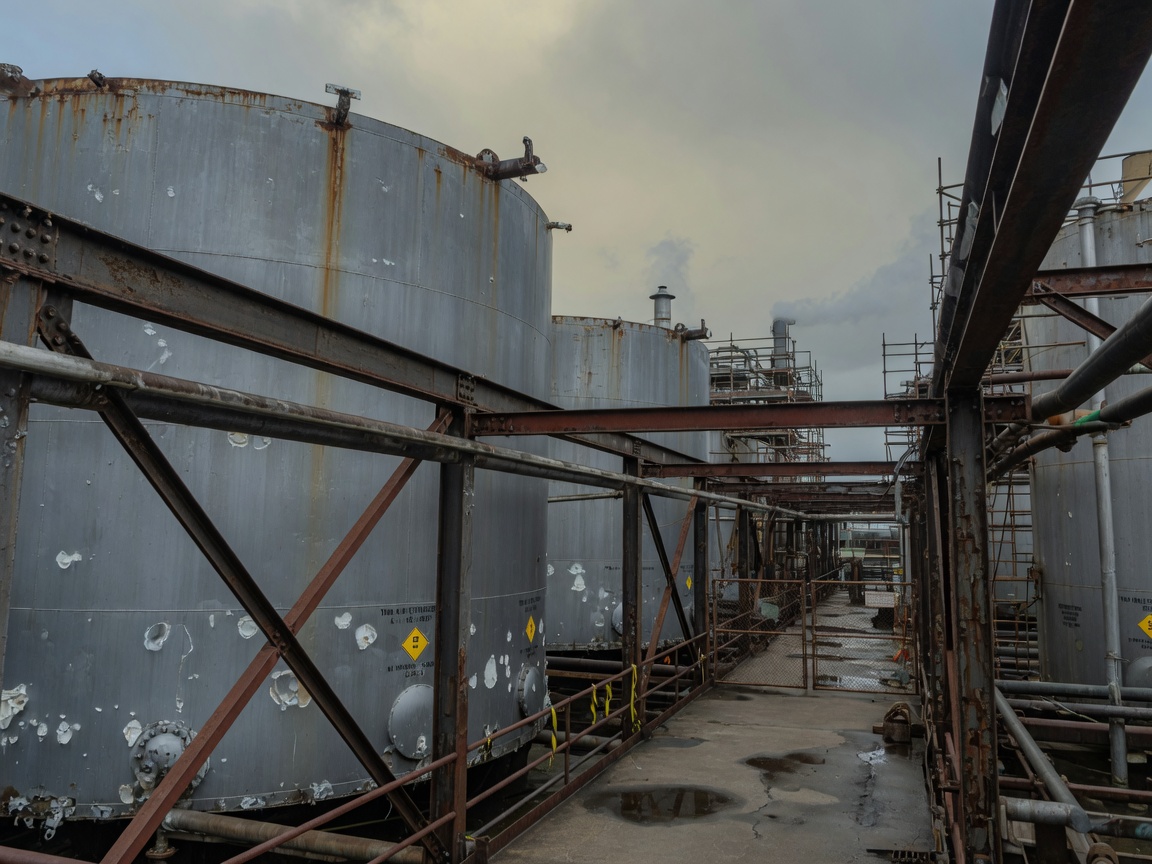 Industrial steel storage tanks and structural steel at a plant showing early edge rust and coating breakdown ahead of a recoat