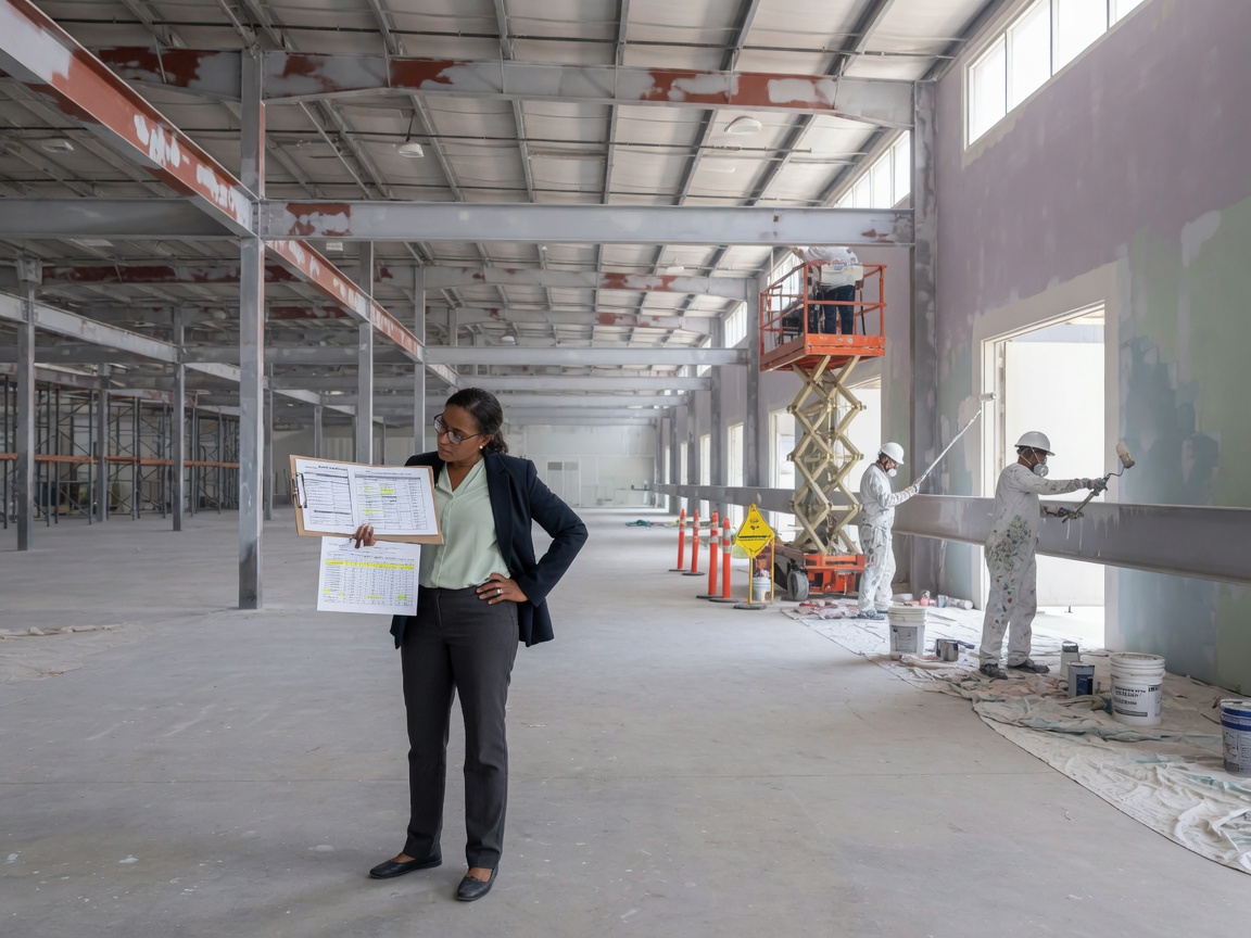 Facility director reviewing a commercial painting RFP scope of work against a bid comparison in an Atlanta plant