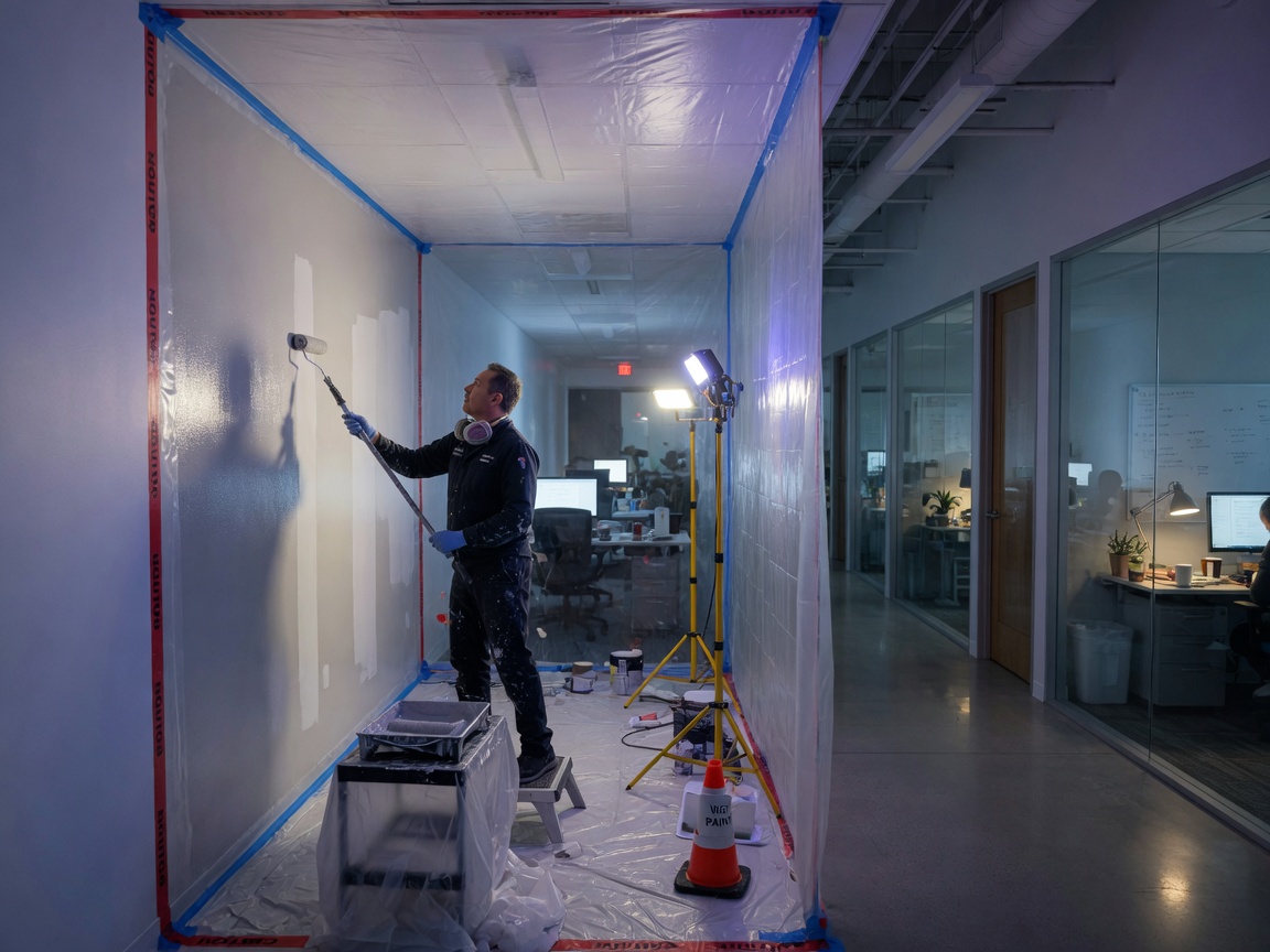 After-hours painter rolling a wall on an occupied commercial office floor at night