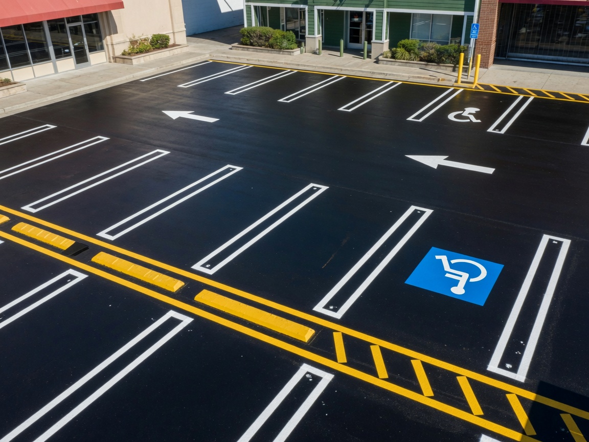 Freshly sealcoated and restriped commercial parking lot with crisp white stall lines, yellow fire lane, and accessible markings