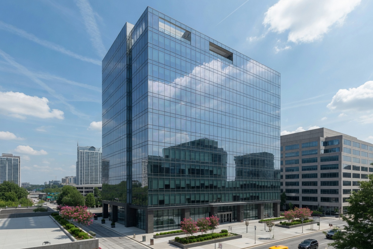 Atlanta office high-rise with a sunlit glass curtainwall carrying solar-control window film