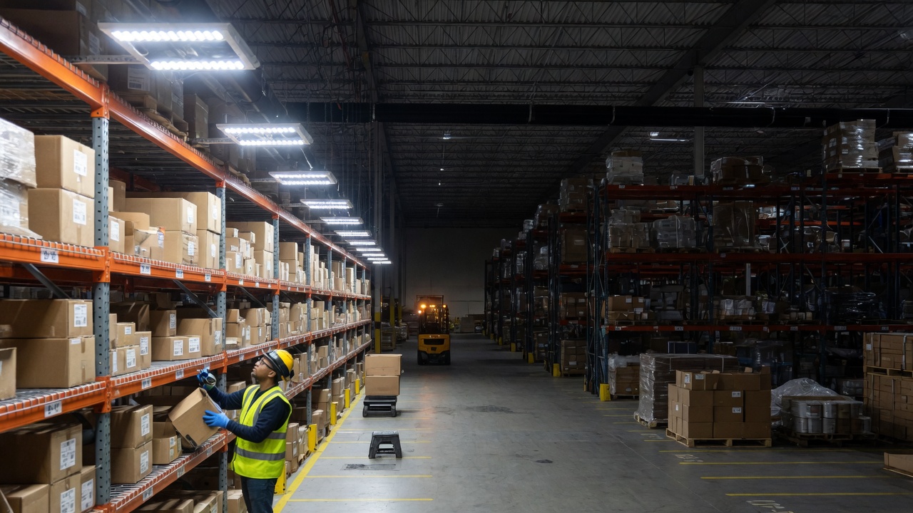 Well-lit metro-Atlanta warehouse interior showing bright task lighting over a picking aisle versus dim bulk-storage racks
