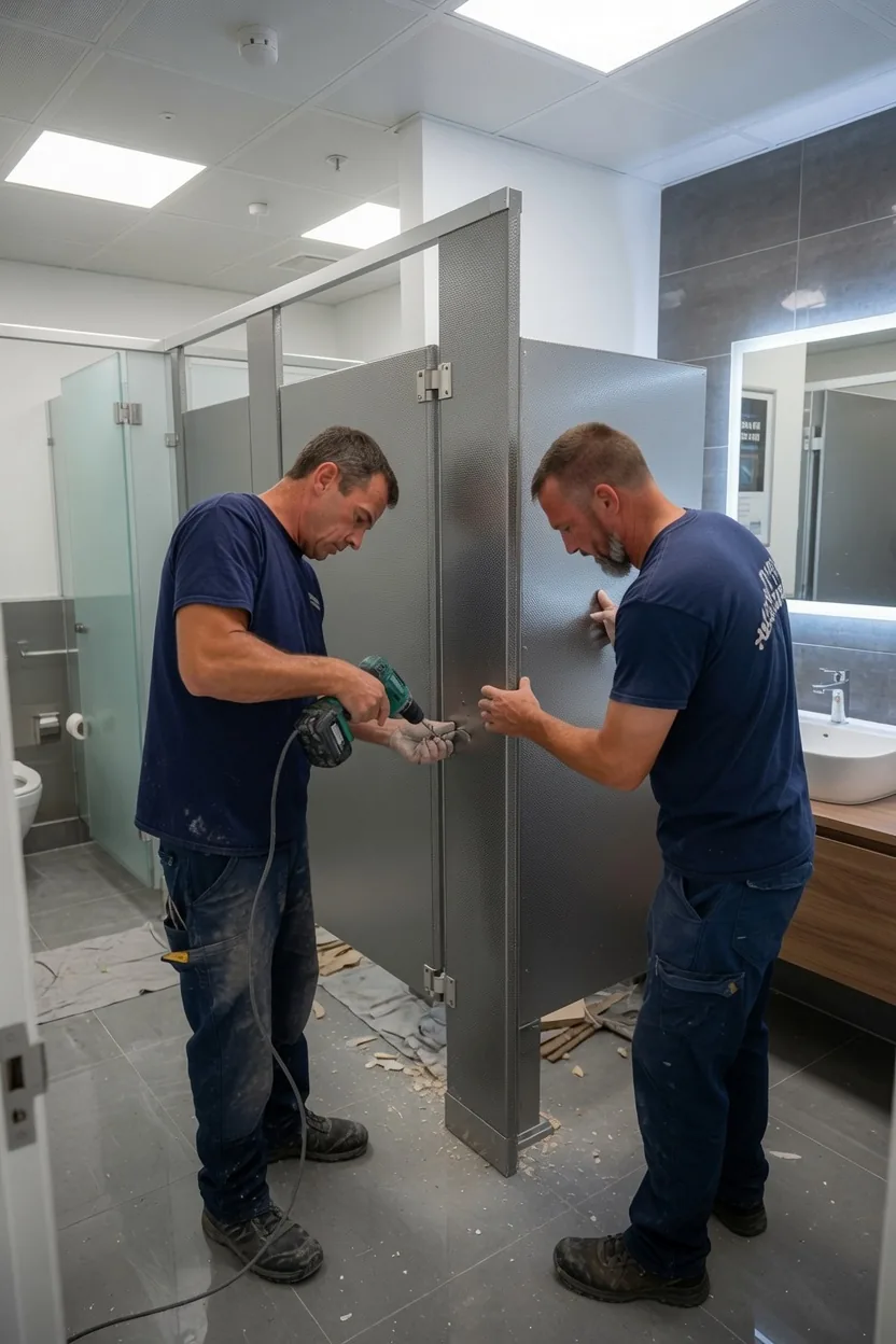 Technicians installing metal toilet partitions in a commercial restroom in Atlanta