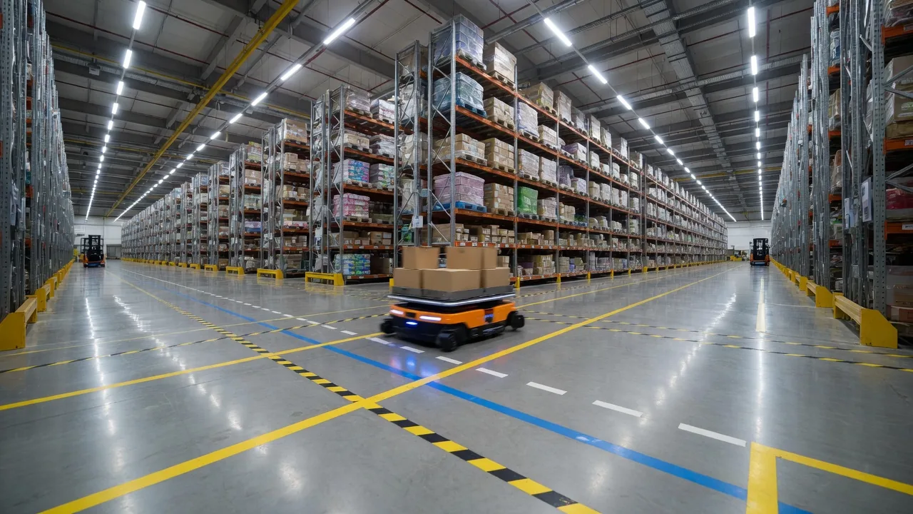 AMR robot on a coated distribution-center floor in Atlanta