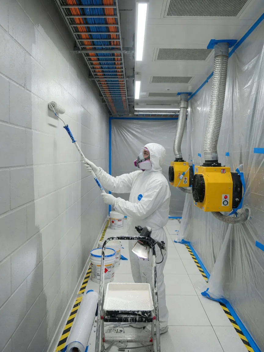 Painter in a protective suit applying low-VOC coating with containment sheeting in a data-center corridor