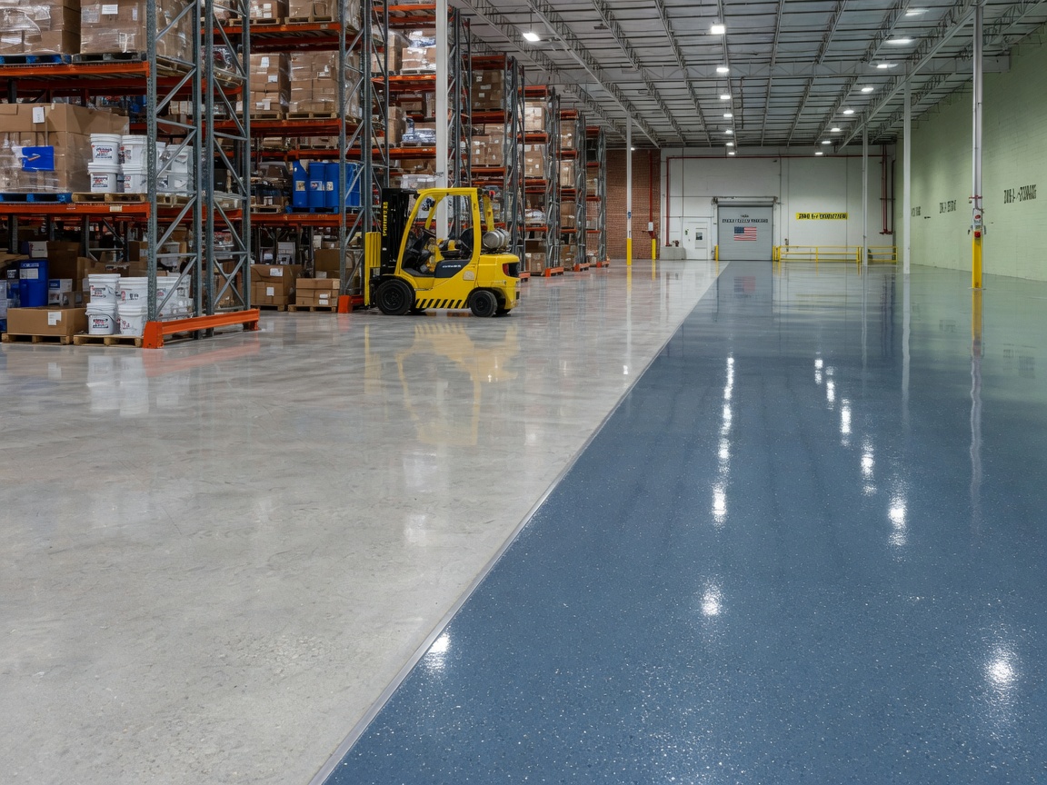 Polished concrete storage aisle meeting a high-gloss epoxy-coated production floor in an Atlanta warehouse