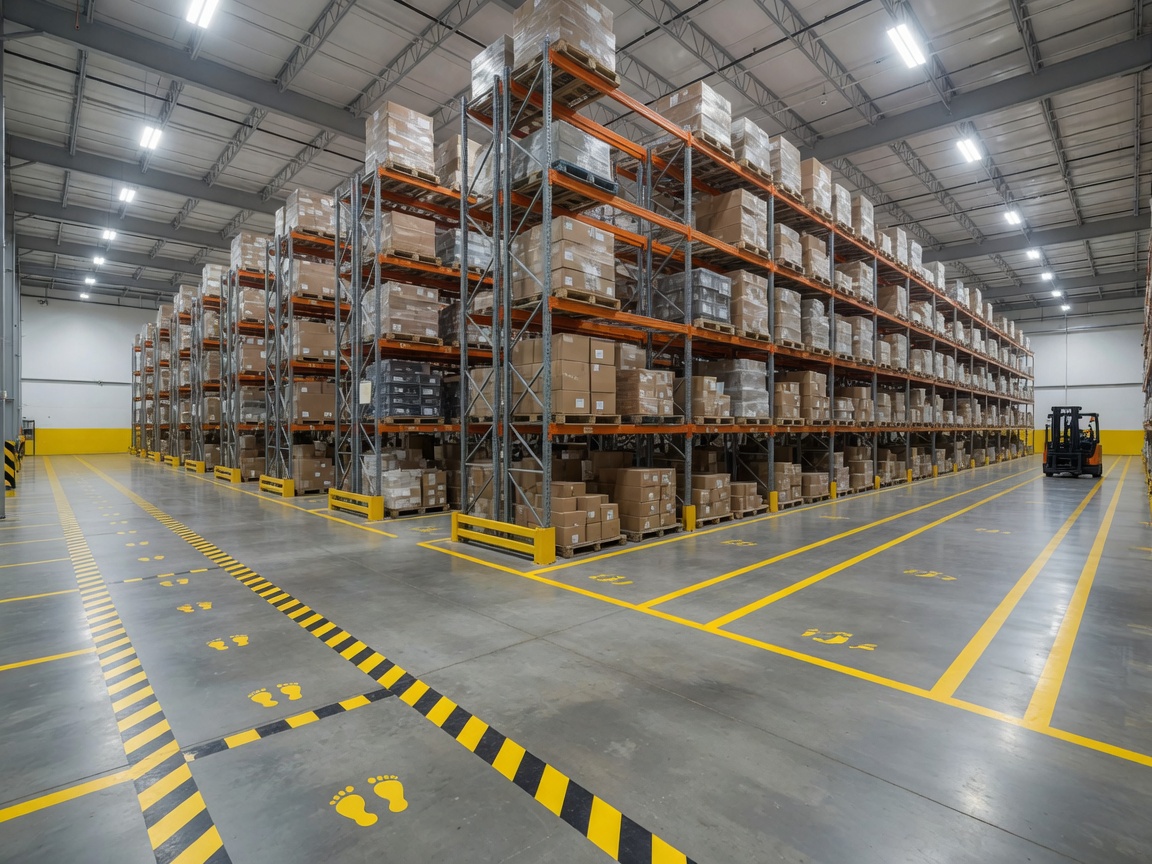 OSHA-compliant warehouse floor marking and safety striping in an Atlanta distribution center