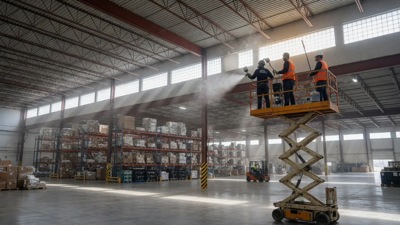 Commercial painters spray-coating a warehouse ceiling from a lift in Atlanta