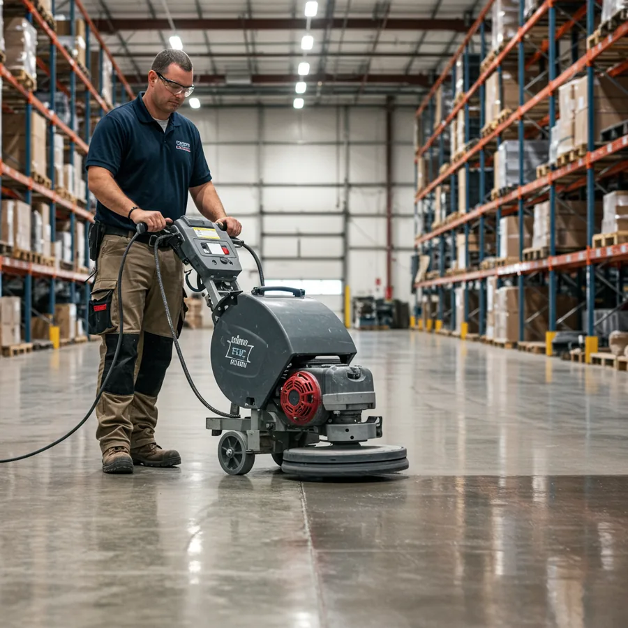 Commercial concrete polishing crew running a diamond grinder on a warehouse floor in an Atlanta facility