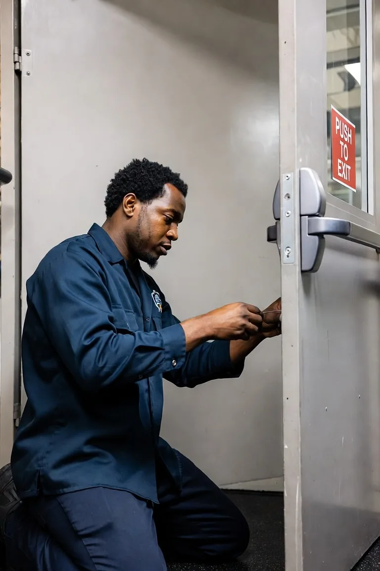 Southeast Commercial Services technician repairing panic exit hardware on a commercial metal door in Atlanta