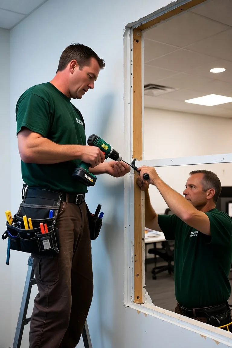 Southeast Commercial Services crew framing and mounting a wall opening in an Atlanta office