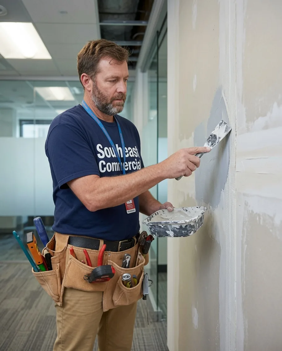 Southeast Commercial Services handyman patching and skim-coating drywall in an Atlanta office