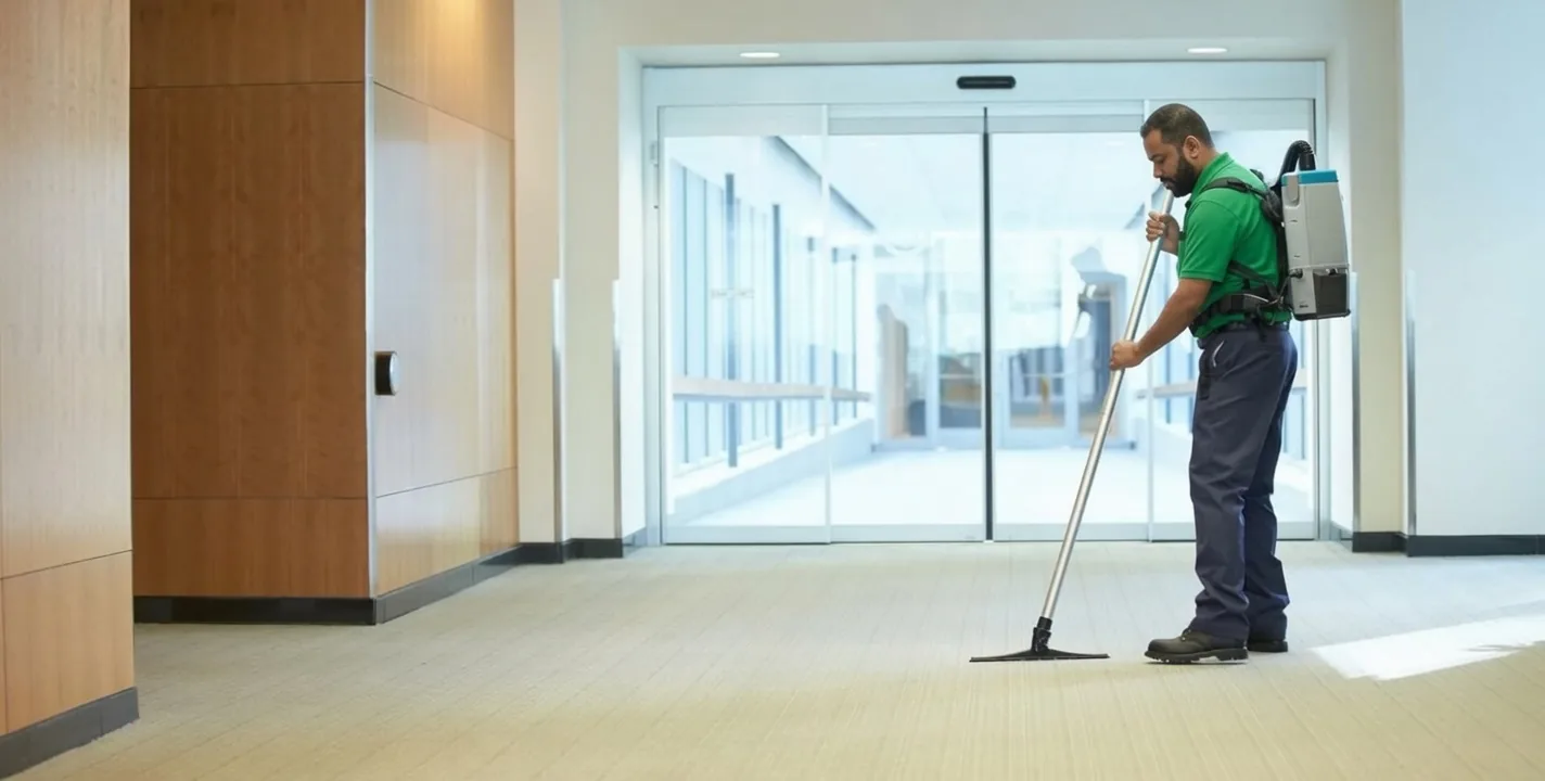 Southeast Commercial Services janitor floor-cleaning a commercial lobby in Atlanta