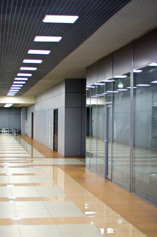 LED-lit office with glass partitions in Atlanta