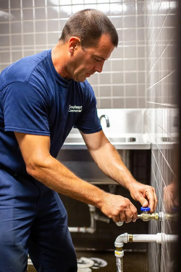 Southeast Commercial Services plumber repairing a shutoff valve in an Atlanta commercial restroom