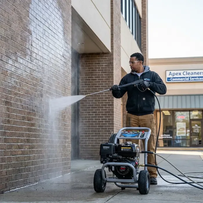 Commercial pressure washing crew cleaning an Atlanta building exterior
