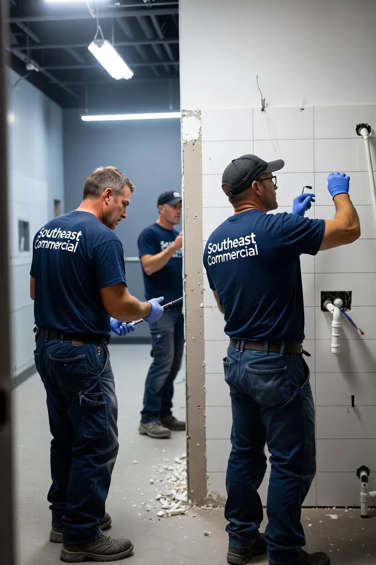 Southeast Commercial Services crew on a commercial restroom demolition and plumbing remodel in Atlanta