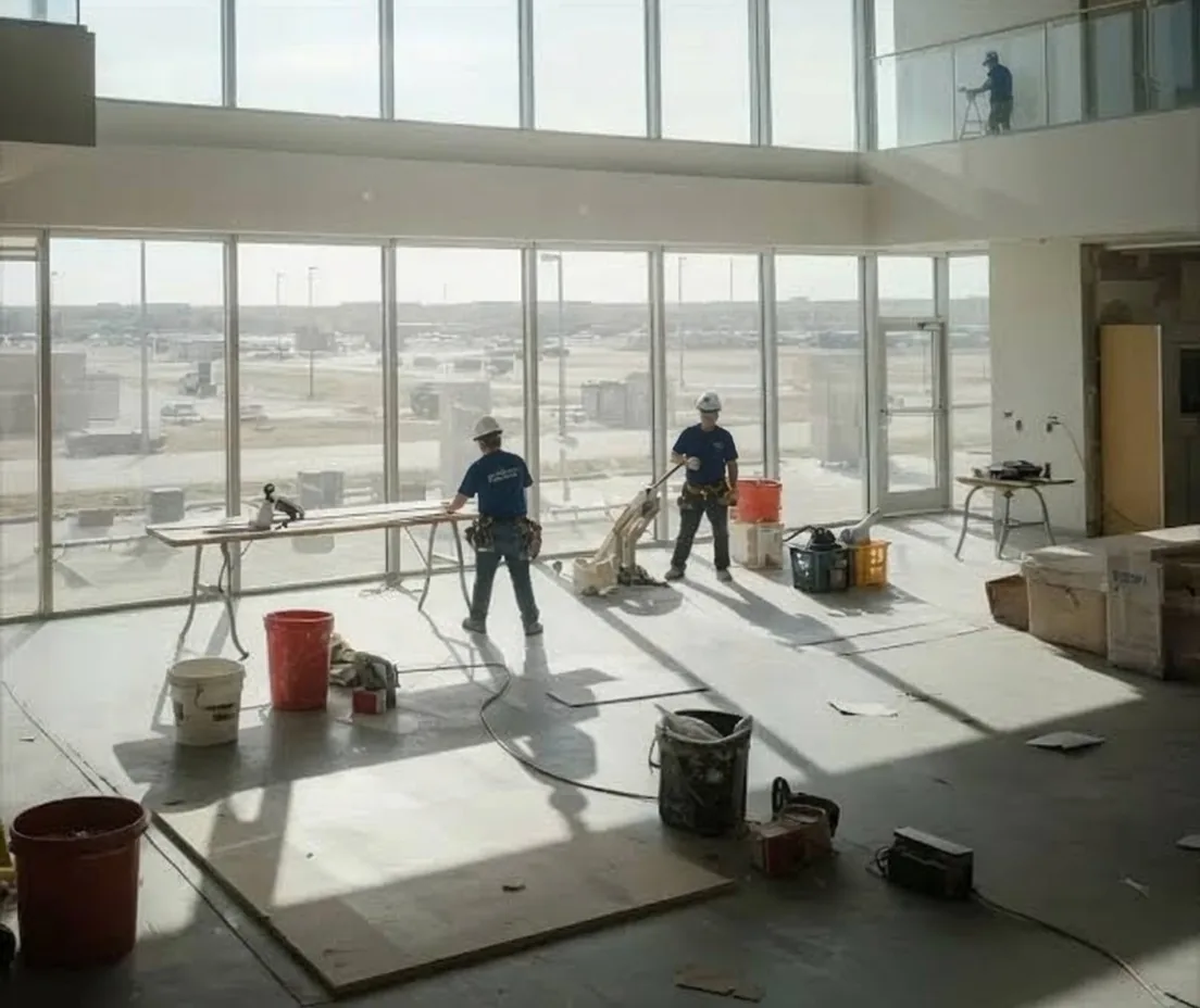 Southeast Commercial Services crew installing flooring during a commercial office lobby remodel in Atlanta