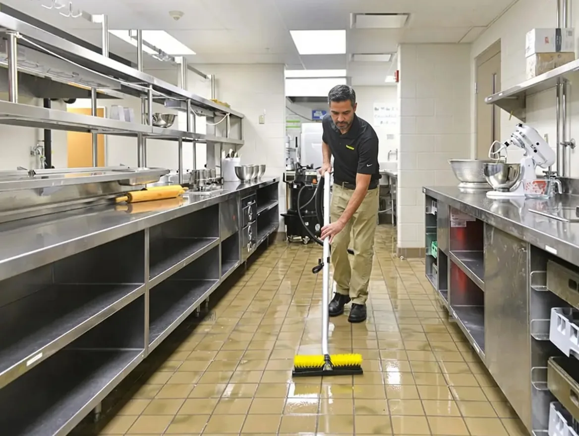 Southeast Commercial Services technician deep cleaning a commercial restaurant kitchen floor in Atlanta